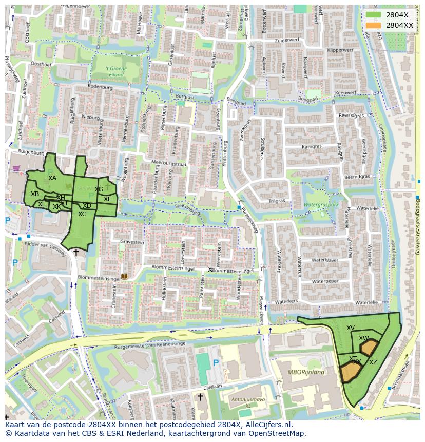 Afbeelding van het postcodegebied 2804 XX op de kaart.