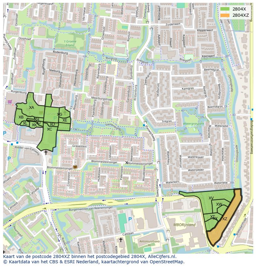 Afbeelding van het postcodegebied 2804 XZ op de kaart.