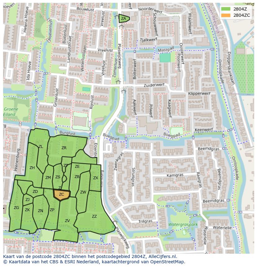 Afbeelding van het postcodegebied 2804 ZC op de kaart.