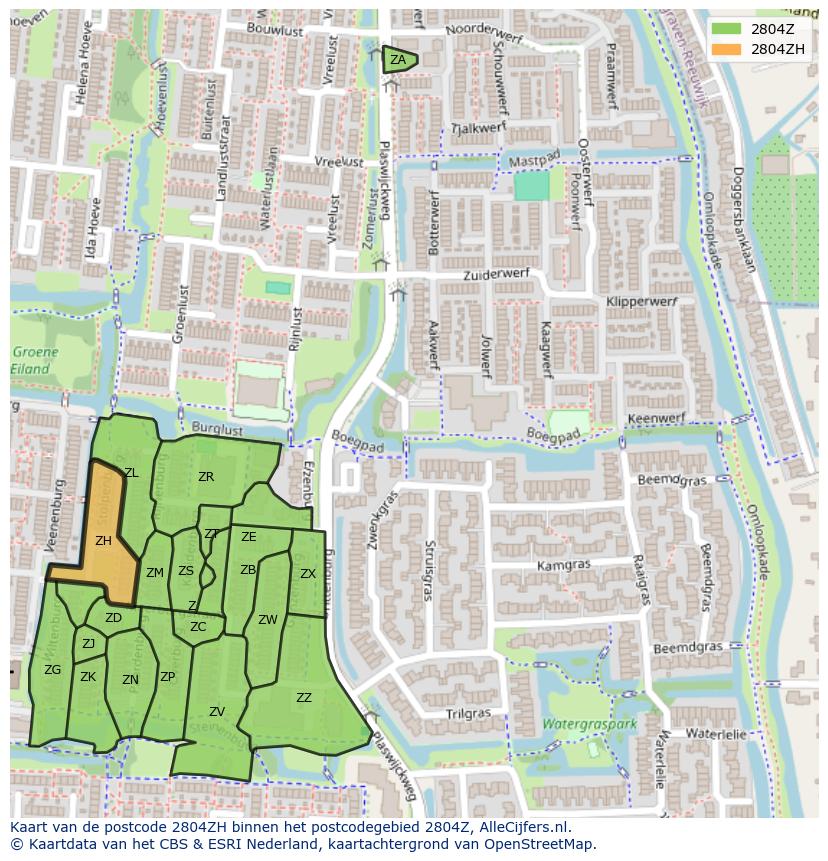 Afbeelding van het postcodegebied 2804 ZH op de kaart.