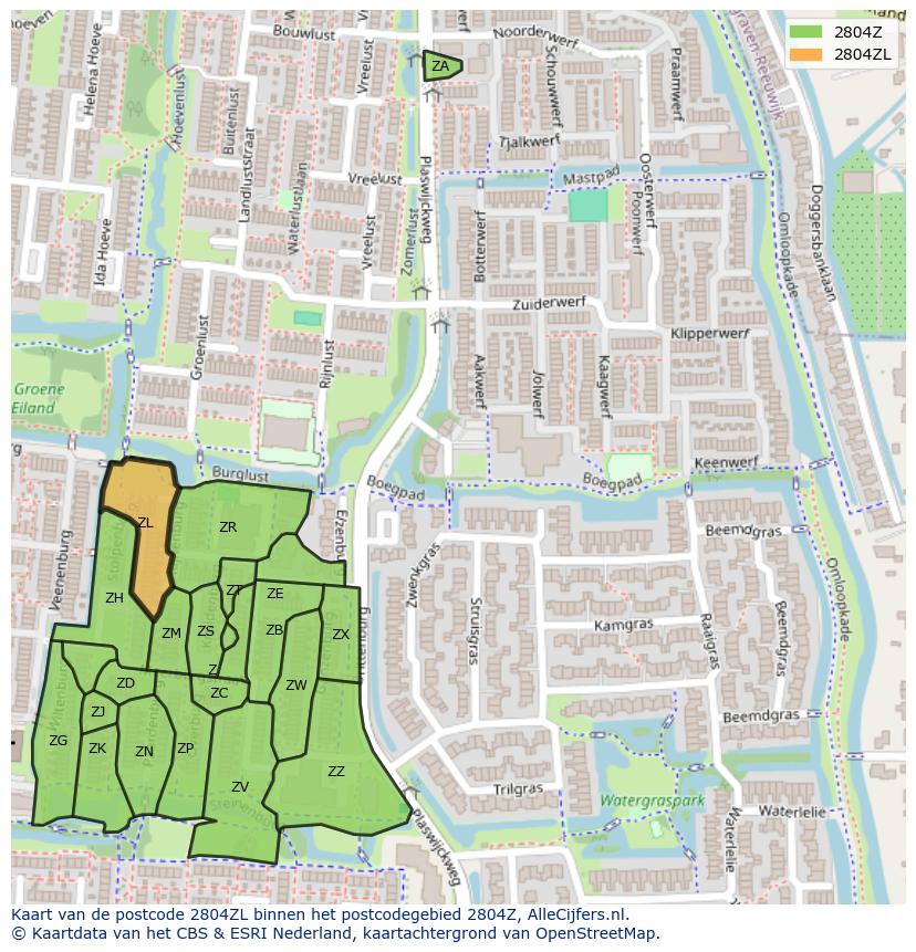 Afbeelding van het postcodegebied 2804 ZL op de kaart.