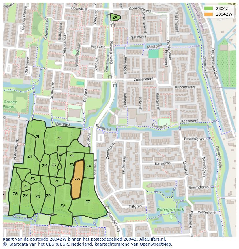 Afbeelding van het postcodegebied 2804 ZW op de kaart.