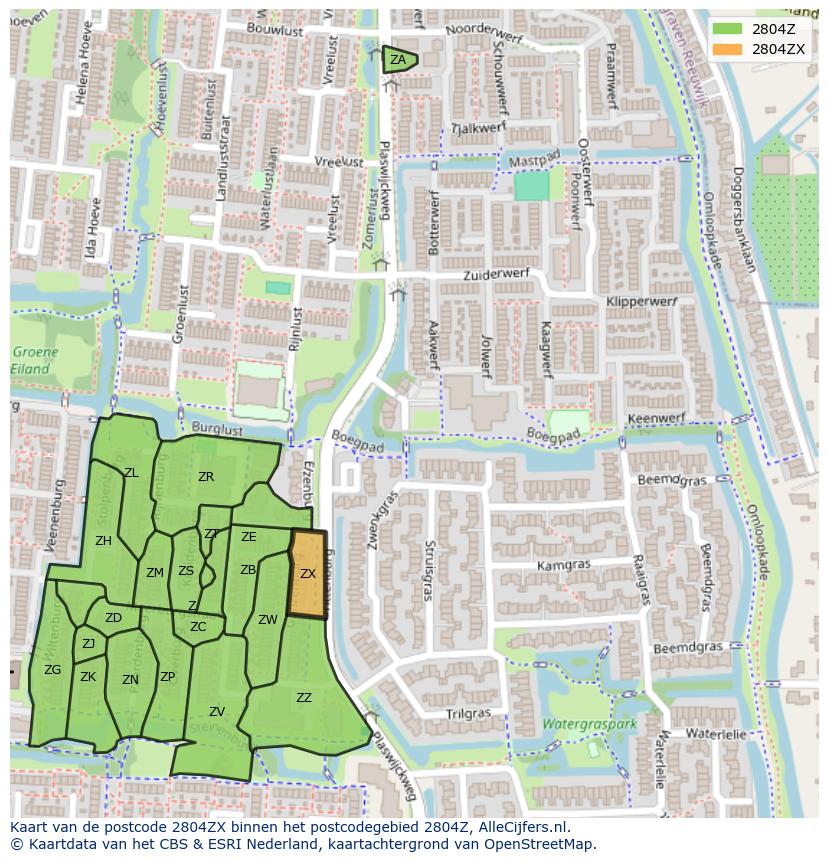 Afbeelding van het postcodegebied 2804 ZX op de kaart.