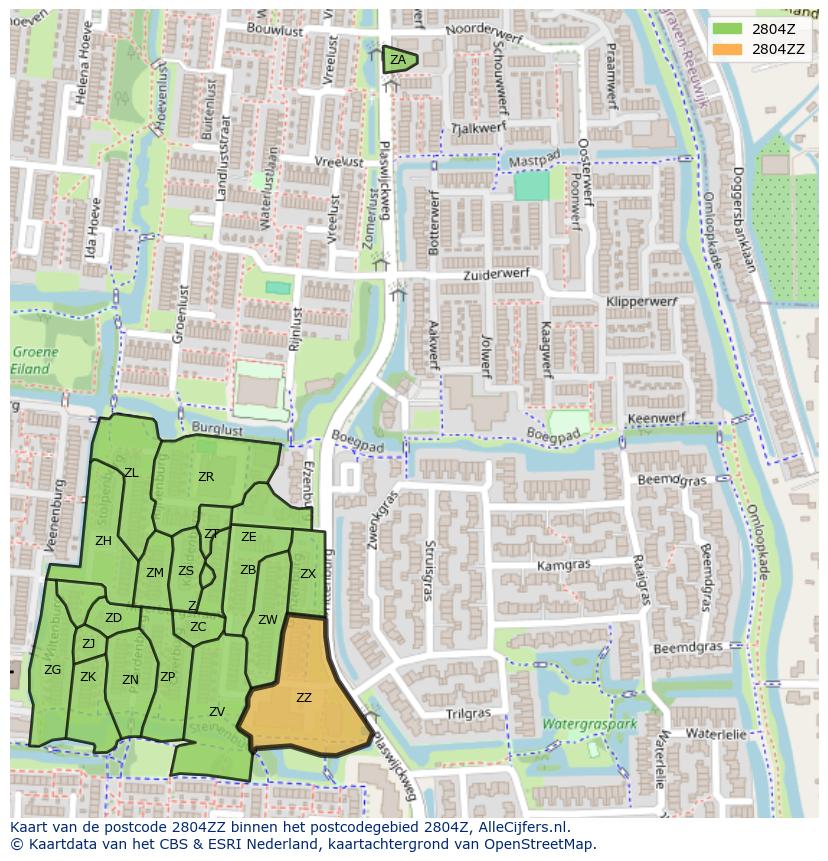 Afbeelding van het postcodegebied 2804 ZZ op de kaart.
