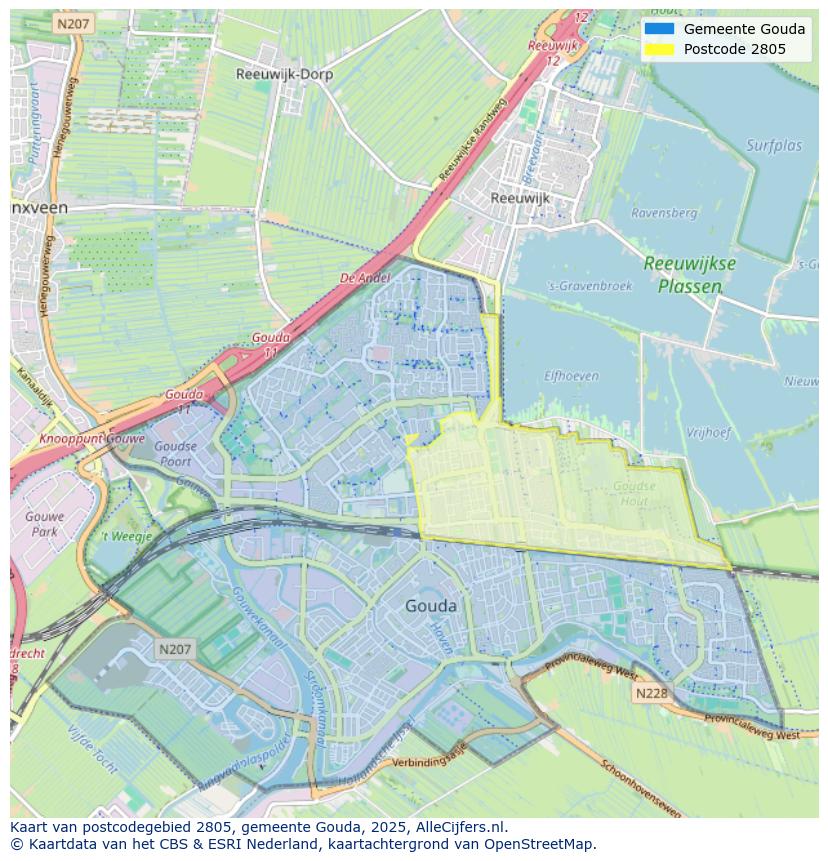 Afbeelding van het postcodegebied 2805 op de kaart.