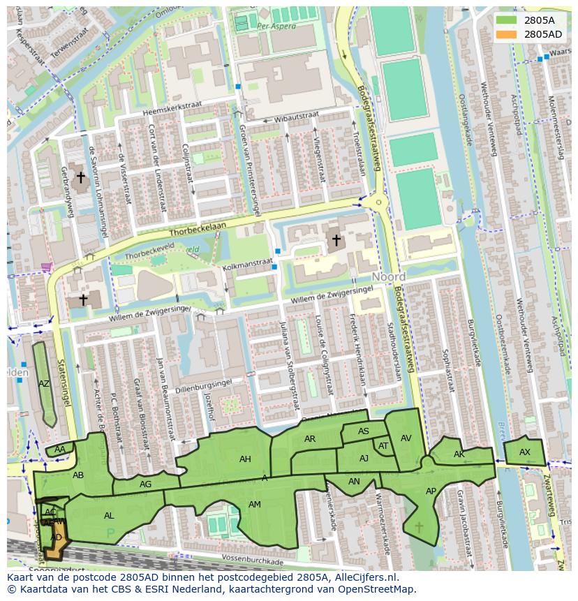 Afbeelding van het postcodegebied 2805 AD op de kaart.