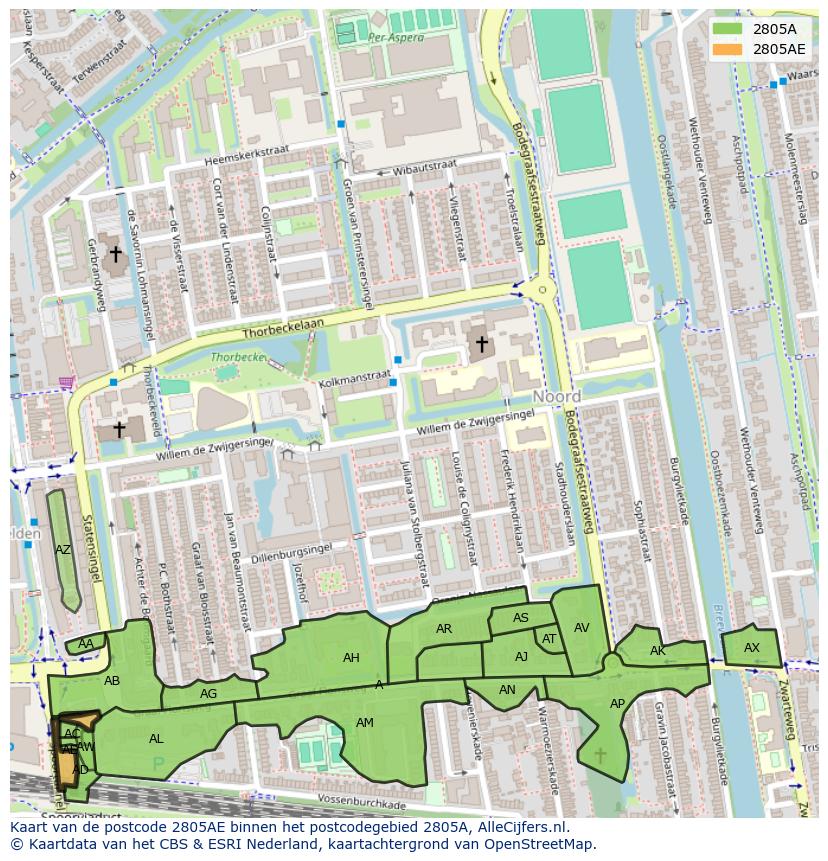 Afbeelding van het postcodegebied 2805 AE op de kaart.
