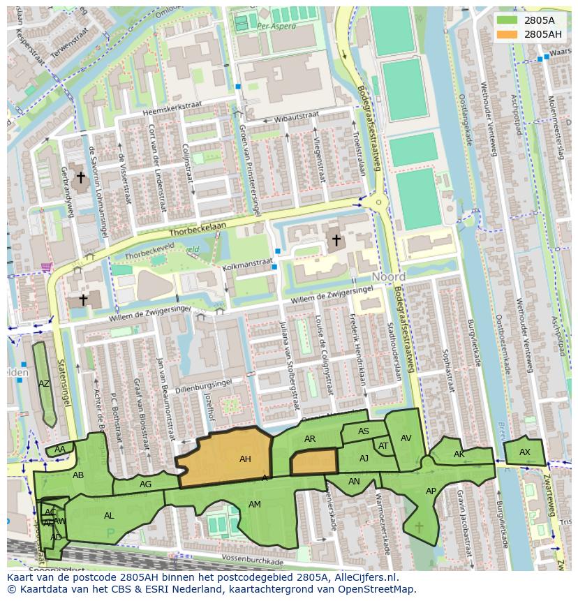 Afbeelding van het postcodegebied 2805 AH op de kaart.