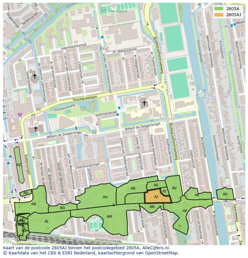 Afbeelding van het postcodegebied 2805 AJ op de kaart.