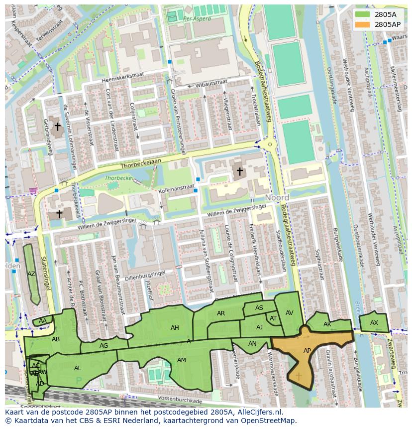 Afbeelding van het postcodegebied 2805 AP op de kaart.