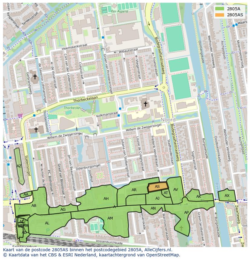 Afbeelding van het postcodegebied 2805 AS op de kaart.