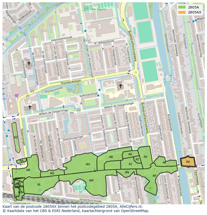 Afbeelding van het postcodegebied 2805 AX op de kaart.