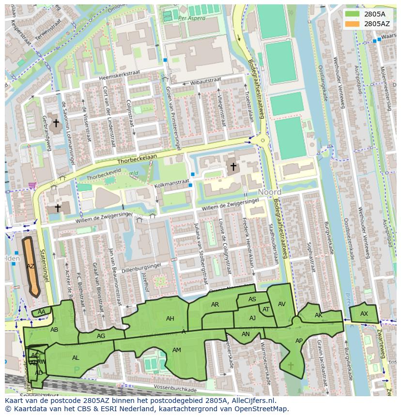Afbeelding van het postcodegebied 2805 AZ op de kaart.