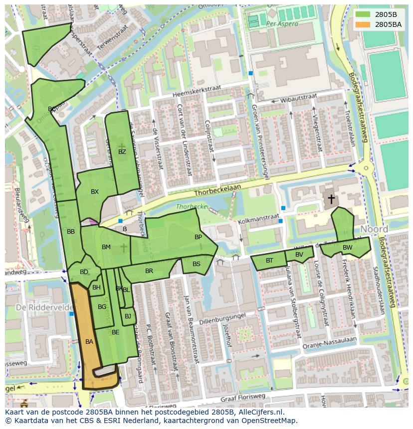 Afbeelding van het postcodegebied 2805 BA op de kaart.