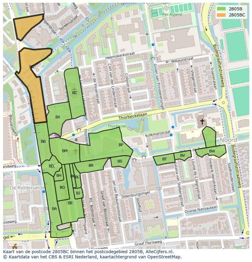 Afbeelding van het postcodegebied 2805 BC op de kaart.
