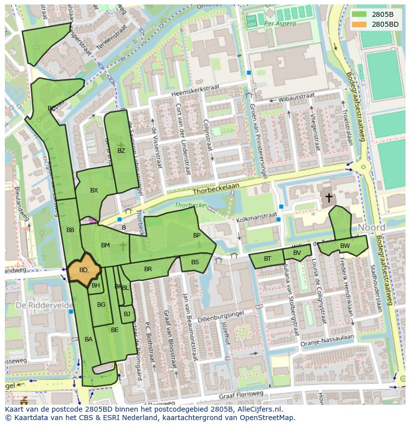 Afbeelding van het postcodegebied 2805 BD op de kaart.