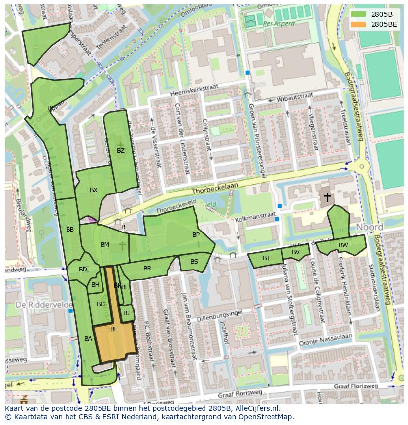 Afbeelding van het postcodegebied 2805 BE op de kaart.