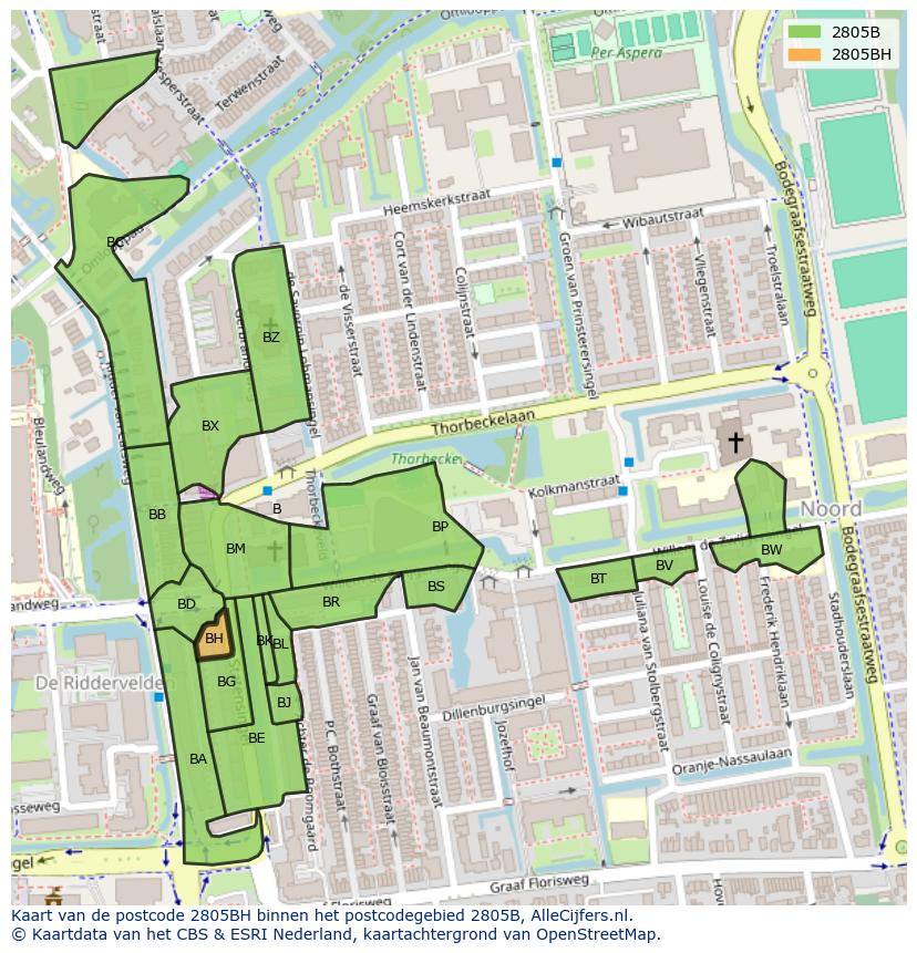 Afbeelding van het postcodegebied 2805 BH op de kaart.