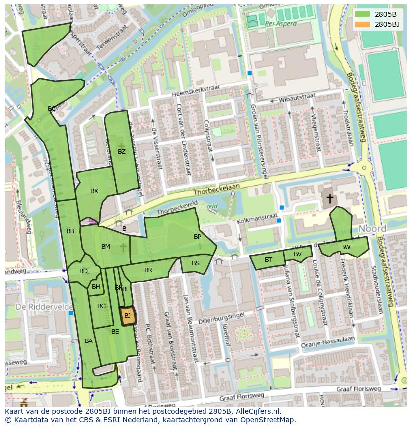 Afbeelding van het postcodegebied 2805 BJ op de kaart.