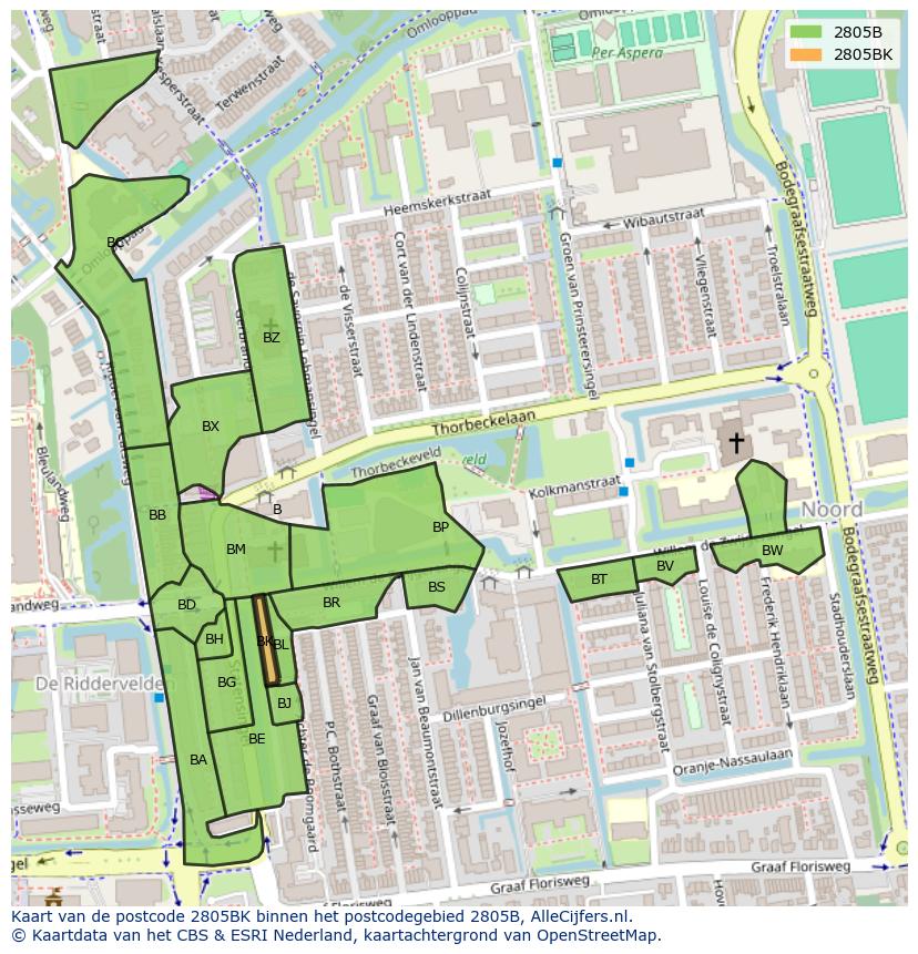 Afbeelding van het postcodegebied 2805 BK op de kaart.