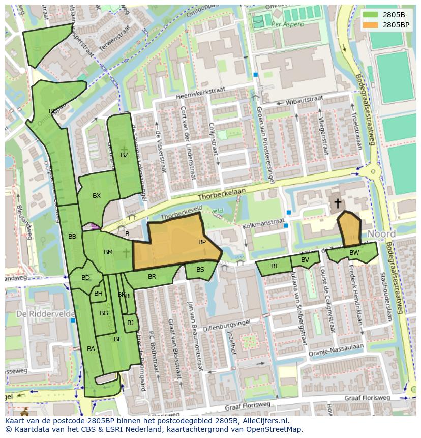 Afbeelding van het postcodegebied 2805 BP op de kaart.