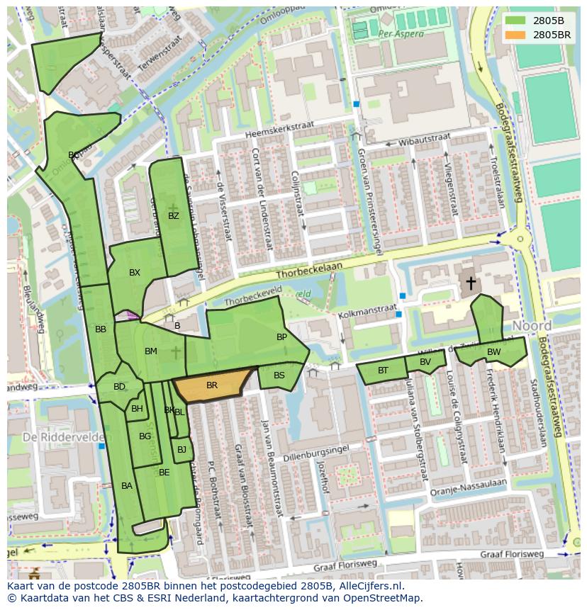 Afbeelding van het postcodegebied 2805 BR op de kaart.