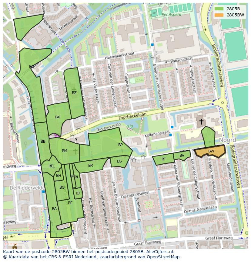 Afbeelding van het postcodegebied 2805 BW op de kaart.