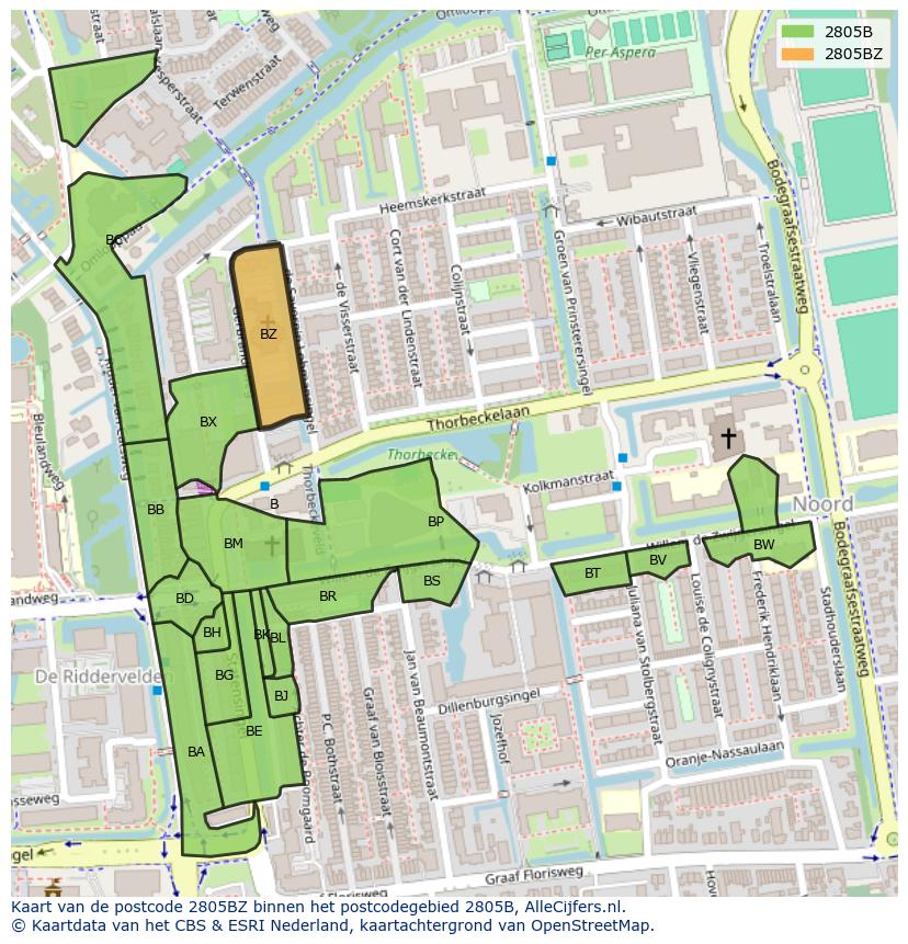 Afbeelding van het postcodegebied 2805 BZ op de kaart.