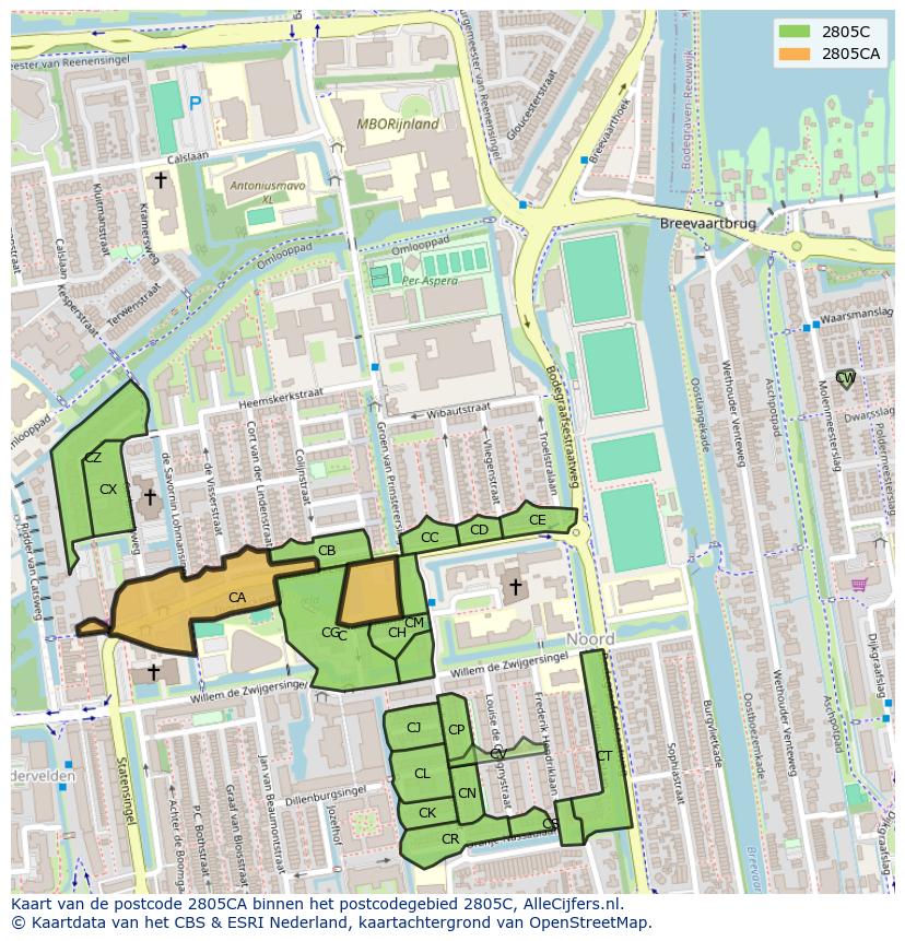 Afbeelding van het postcodegebied 2805 CA op de kaart.