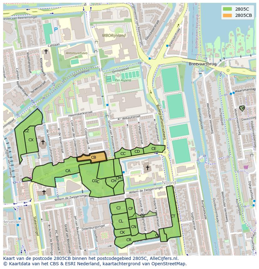 Afbeelding van het postcodegebied 2805 CB op de kaart.