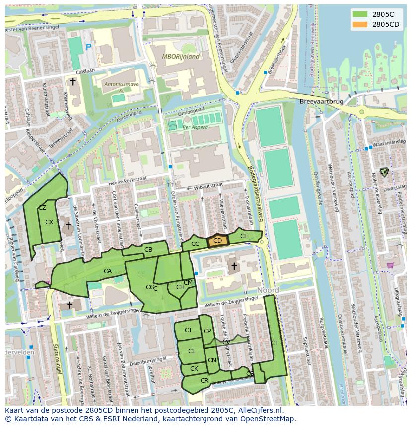 Afbeelding van het postcodegebied 2805 CD op de kaart.