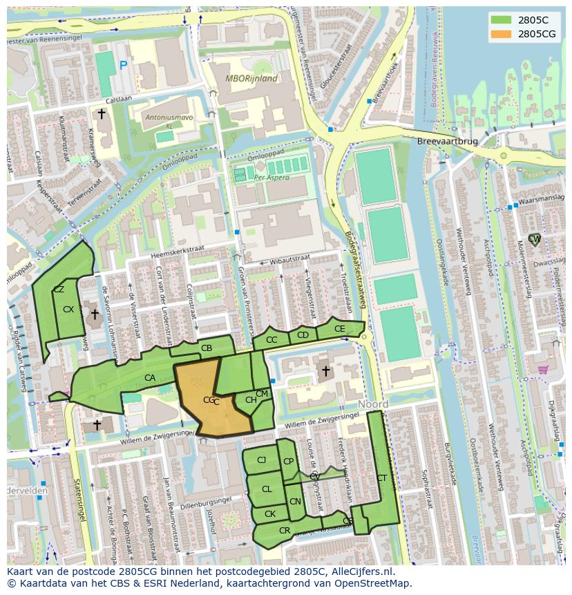 Afbeelding van het postcodegebied 2805 CG op de kaart.
