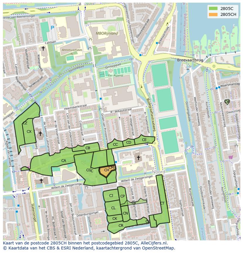 Afbeelding van het postcodegebied 2805 CH op de kaart.