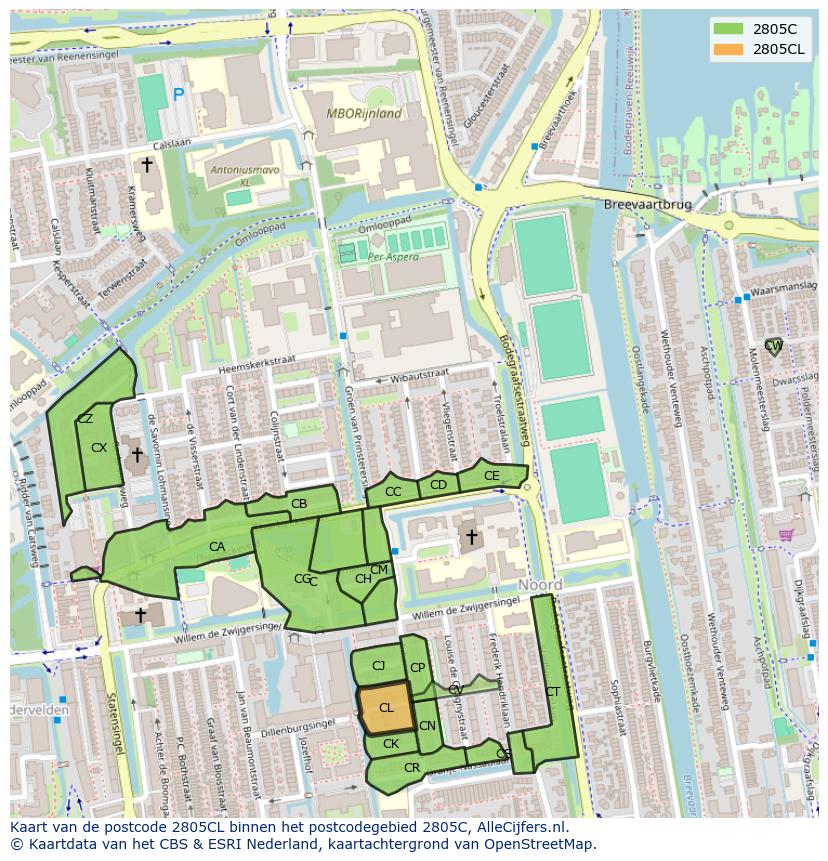 Afbeelding van het postcodegebied 2805 CL op de kaart.