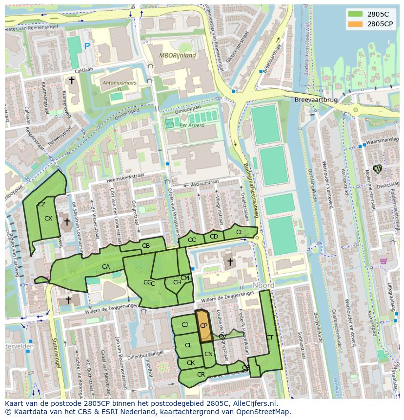 Afbeelding van het postcodegebied 2805 CP op de kaart.