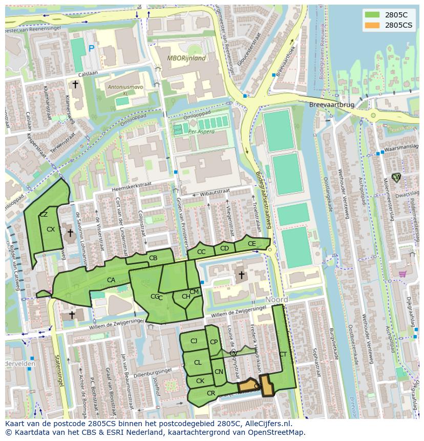 Afbeelding van het postcodegebied 2805 CS op de kaart.