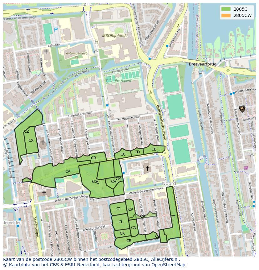 Afbeelding van het postcodegebied 2805 CW op de kaart.