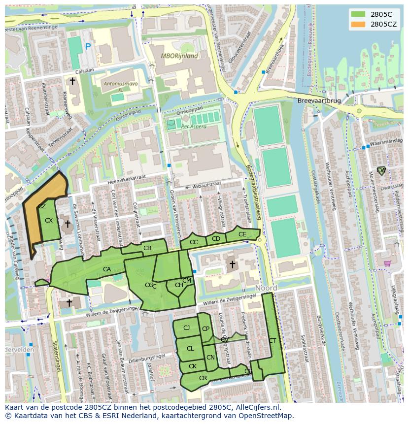 Afbeelding van het postcodegebied 2805 CZ op de kaart.