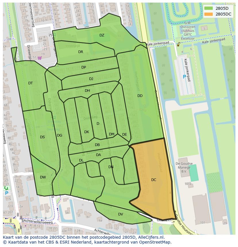 Afbeelding van het postcodegebied 2805 DC op de kaart.