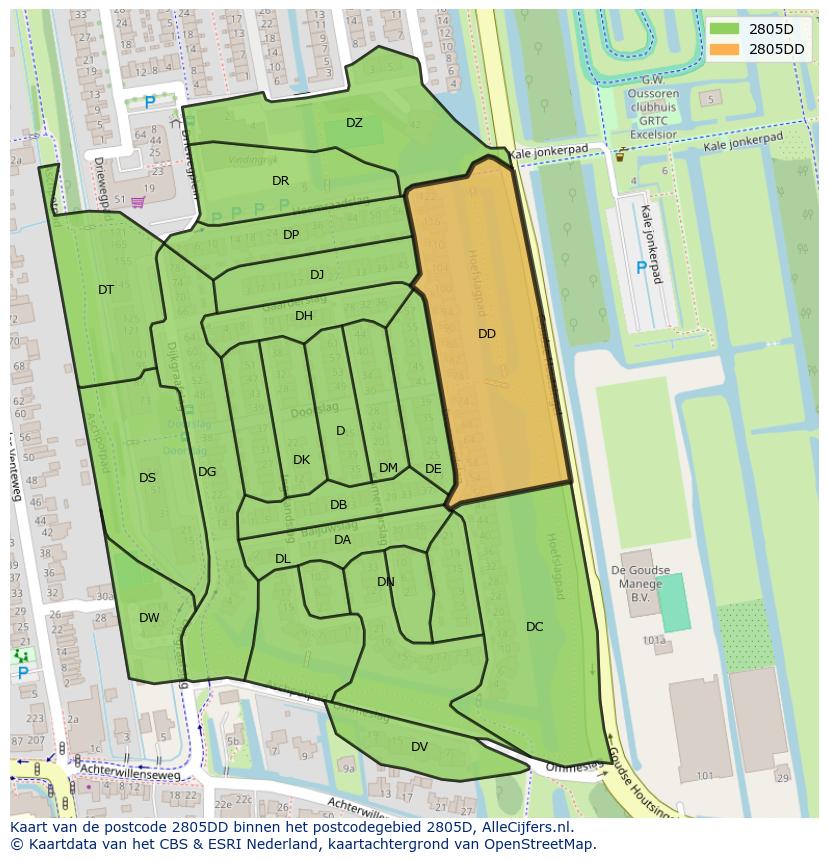 Afbeelding van het postcodegebied 2805 DD op de kaart.