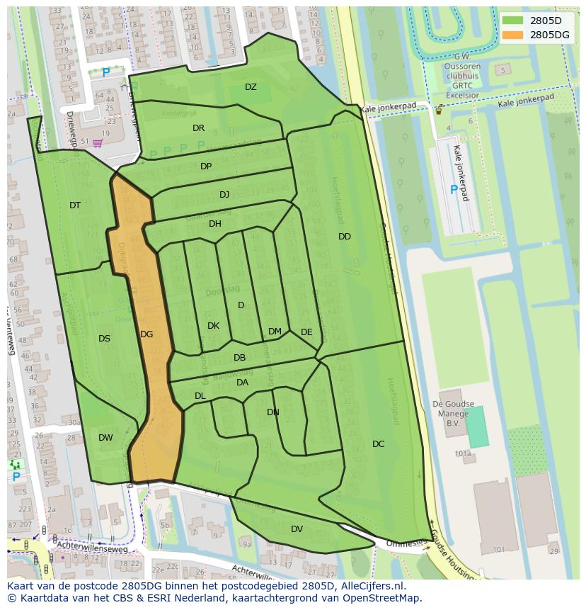 Afbeelding van het postcodegebied 2805 DG op de kaart.