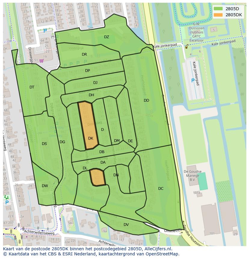 Afbeelding van het postcodegebied 2805 DK op de kaart.