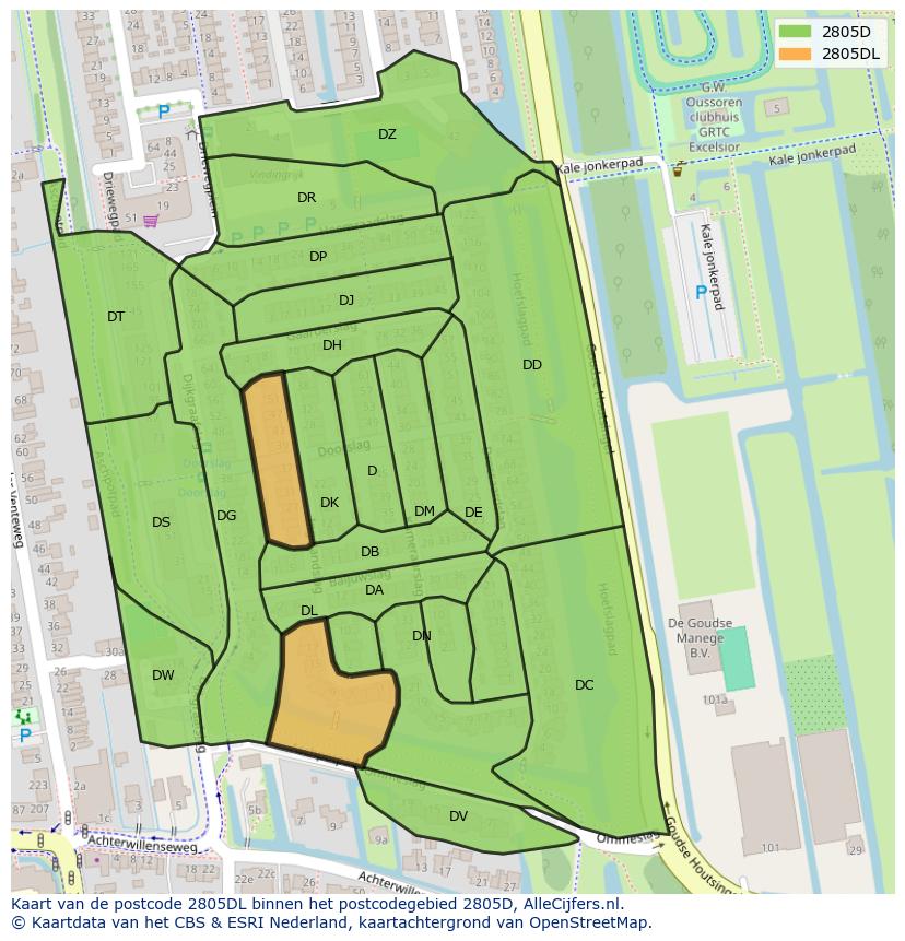 Afbeelding van het postcodegebied 2805 DL op de kaart.