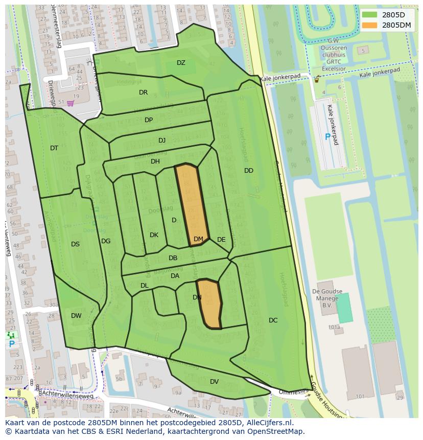 Afbeelding van het postcodegebied 2805 DM op de kaart.