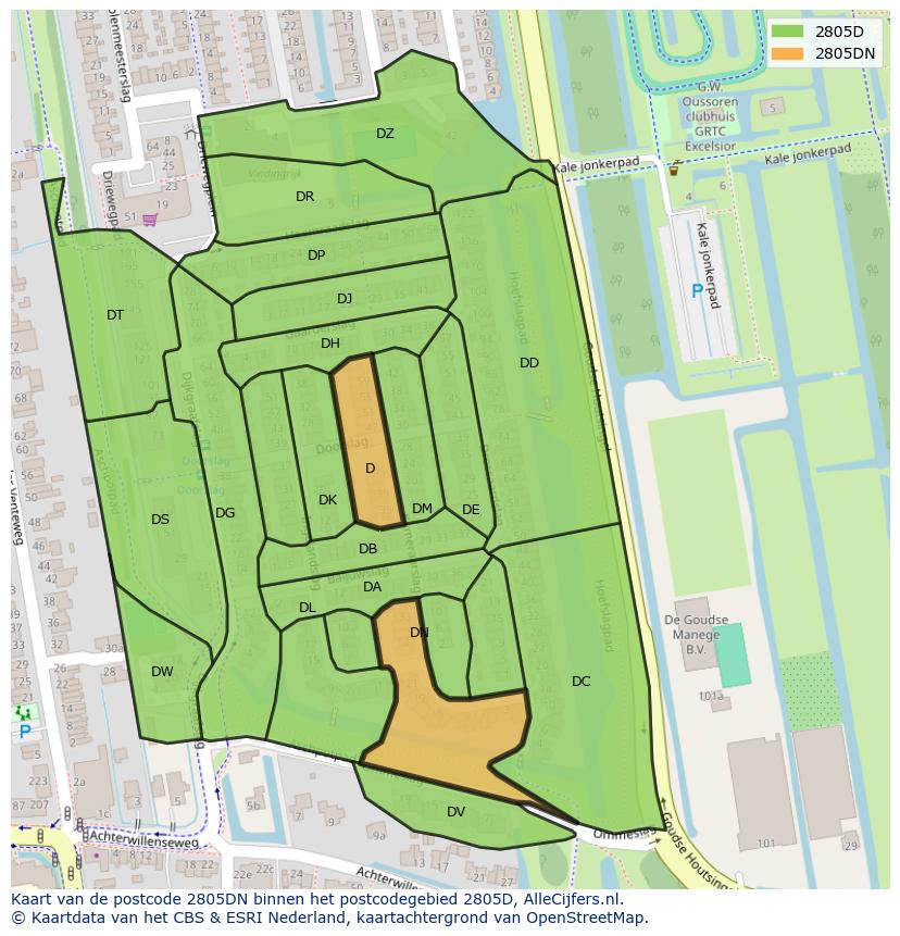 Afbeelding van het postcodegebied 2805 DN op de kaart.
