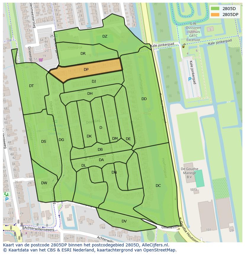 Afbeelding van het postcodegebied 2805 DP op de kaart.