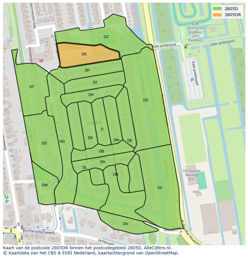Afbeelding van het postcodegebied 2805 DR op de kaart.
