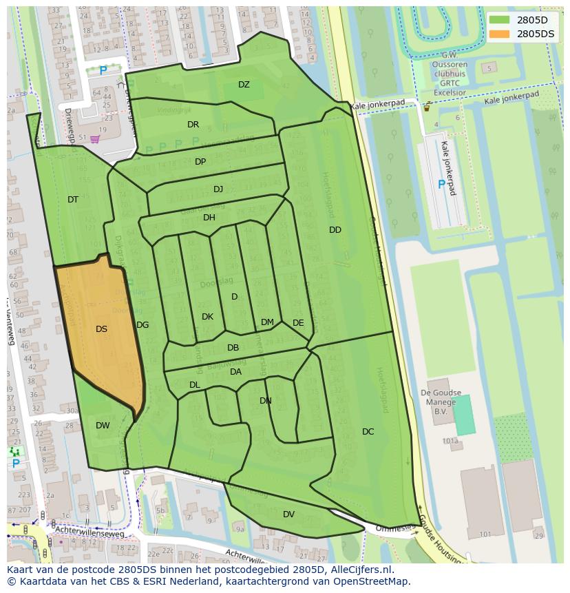 Afbeelding van het postcodegebied 2805 DS op de kaart.
