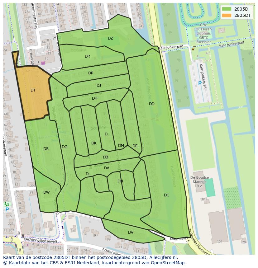 Afbeelding van het postcodegebied 2805 DT op de kaart.