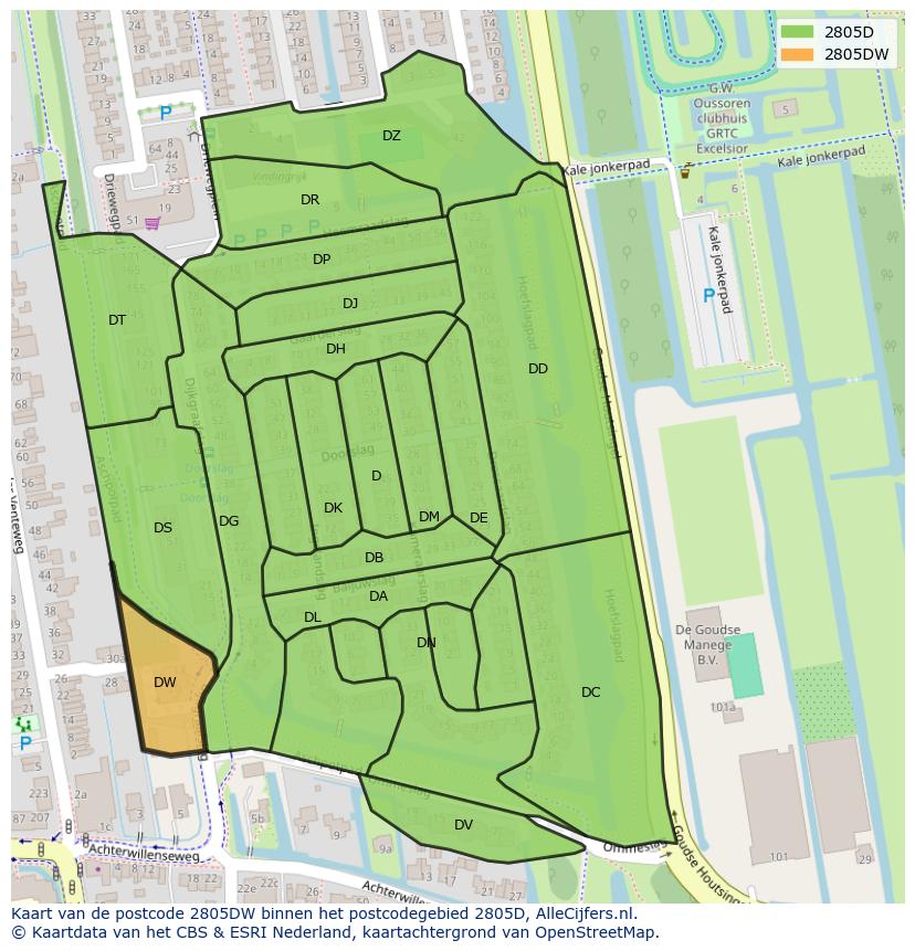 Afbeelding van het postcodegebied 2805 DW op de kaart.